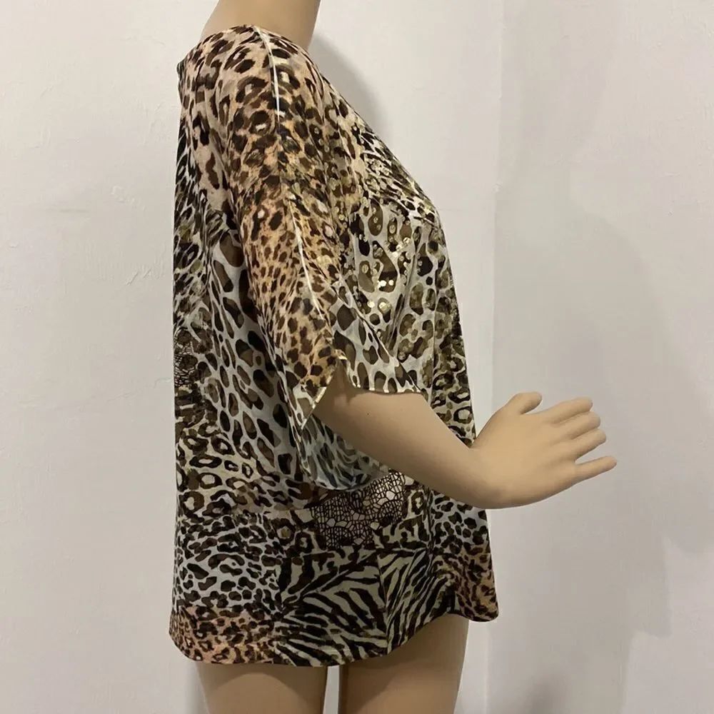 Chico’s Reverse Patchwork Flutter Split-Neck Animal Print Top size L - Picture 5 of 10